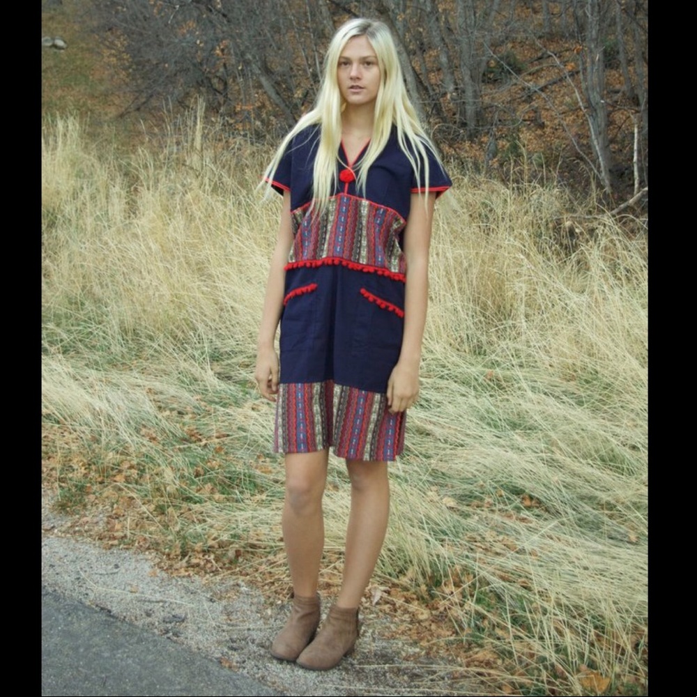 Brand New! Navy Boho Hand Loomed Pom Dress